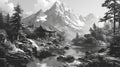 AI generated illustration of an Asian landscape with a cabin, river and mountains Royalty Free Stock Photo