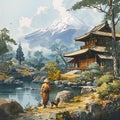 an asian landscape painting with a pagoda by a body of water