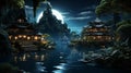 AI generated illustration of Asian traditional houses at a pond at night