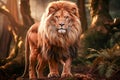 AI generated illustration of Aslan the Lion standing in a forest clearing in fictional Narnia