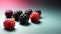AI generated illustration of Assorted blackberries arranged with a leaf on a tabletop