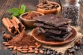 AI generated illustration of assorted chocolate chunks, cocoa beans and almonds Royalty Free Stock Photo