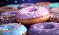 AI-generated illustration of assorted colorful doughnuts with sprinkles