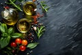 AI generated illustration of assorted herbs and bottles of olive oil on a kitchen countertop Royalty Free Stock Photo