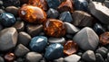 AI generated illustration of assorted stones in shades of brown and blue resting on a sandy beach