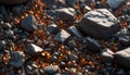 AI generated illustration of assorted stones in shades of brown and blue resting on a sandy beach
