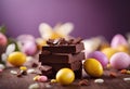 a stack of chocolate candy sitting next to other types of sweets