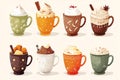 AI generated illustration of assorted vibrant coffee cups with a variety of flavors and creamers Royalty Free Stock Photo