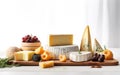 AI generated illustration of an assortment of cheeses, crackers on a wooden board