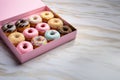 AI generated illustration of an assortment of colorful doughnuts in an open cardboard box