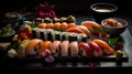 AI generated illustration of an assortment of colorful sushi rolls, soy sauce, and wasabi paste