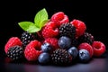 AI-generated illustration of an assortment of fresh blueberries, blackberries, and raspberries