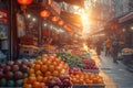 AI-generated illustration of an assortment of fruits and vegetables at a street market