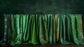 AI-generated illustration of an assortment of green-colored scarves neatly displayed on a shelf