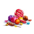 AI generated illustration of an assortment of multicolored lollipops and assorted candy pieces