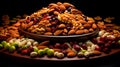 AI-generated illustration of an assortment of nuts and seeds on a wooden platter Royalty Free Stock Photo