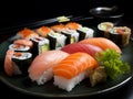 AI generated illustration of an assortment of sushi rolls on the plate against a black background Royalty Free Stock Photo