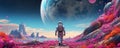 AI generated illustration of an astronaut in an outer space environment walking across a planet Royalty Free Stock Photo