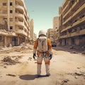 AI generated illustration of an astronaut in space suit standing in a desolated landscape of a town