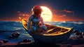 AI generated illustration of an astronaut in a space suit stands on a boat