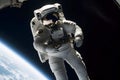 AI-generated illustration of an astronaut in a space suit suspended in a weightless environment.