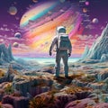 AI generated illustration of an astronaut in a spacesuit against a backdrop of celestial bodies