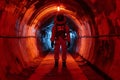 AI generated illustration of an astronaut walking through a deserted tunnel