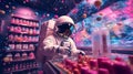 AI generated illustration of an astronaut wearing a space suit browsing the shelves of a store