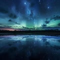 AI generated illustration of Aurora and auroral lights reflect on the calm and blue night waters Royalty Free Stock Photo