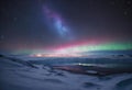 AI generated illustration of an Aurora Borealis illuminates the night sky above a frozen lake Royalty Free Stock Photo