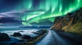 AI generated illustration of an auroral display lighting up the night sky over a tranquil lake Royalty Free Stock Photo