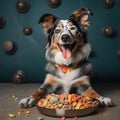 AI generated illustration of an Australian Shepherd dog in front of a bowl of cereal