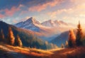 AI Generated Illustration Of Autumn-hued Trees Adorn A Snow-capped Mountain In A Painting