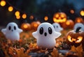 AI generated illustration of an autumn landscape of pumpkins and festive ghosts on Halloween Royalty Free Stock Photo