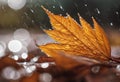 AI generated illustration of an autumn leaf on water puddle with droplets on leaves Royalty Free Stock Photo
