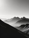 black and white photograph of the landscape with snow, mountains, and clouds