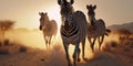 AI generated illustration of awe-inspiring four zebras galloping across a dirt road at sunset