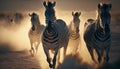 AI generated illustration of awe-inspiring four zebras galloping across a dirt road at sunset