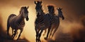 AI generated illustration of awe-inspiring four zebras galloping across a dirt road at sunset