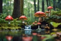 AI generated illustration of a babbling brook with tiny red mushrooms sprouting from a rocky surface Royalty Free Stock Photo