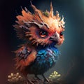 AI-generated illustration of a baby Fenix bird, with fire-colored feathers, on a dark background