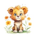 AI generated illustration of a baby lion cub resting in a wild grass and flower field Royalty Free Stock Photo