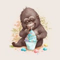 AI generated illustration of baby monkey drinking cream from a straw with a smile on his face