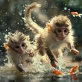 AI generated illustration of a baby monkey swims with tiny companions in water Royalty Free Stock Photo