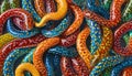 AI-generated illustration of a background of vibrant snakes crawling all over, one slithering on top Royalty Free Stock Photo