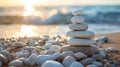 AI generated illustration of a balanced stack of stones on the beach Royalty Free Stock Photo