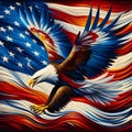 AI-generated illustration of a bald eagle soaring against the background of an American flag Royalty Free Stock Photo