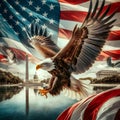 AI-generated illustration of a bald eagle soaring against the background of an American flag Royalty Free Stock Photo