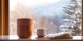 AI generated illustration of a bamboo tumbler, filled with hot cocoa, on a window sill