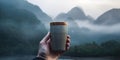 AI generated illustration of a bamboo tumbler, held in a hand against the backdrop of misty mountain